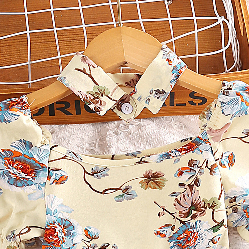 Girls Beige & Blue Floral Print Puff Sleeves Fit & Flare Dress