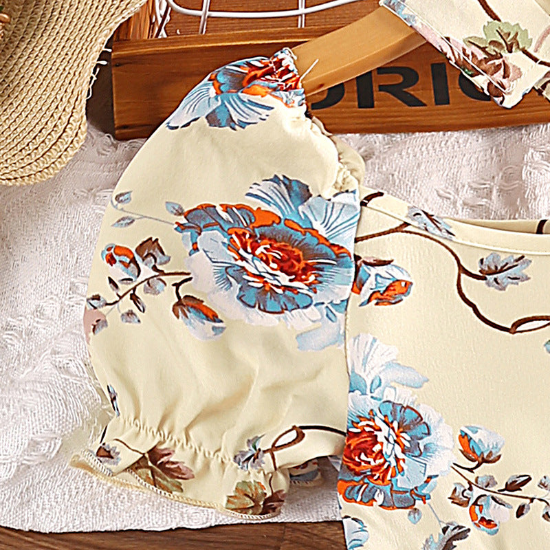 Girls Beige & Blue Floral Print Puff Sleeves Fit & Flare Dress