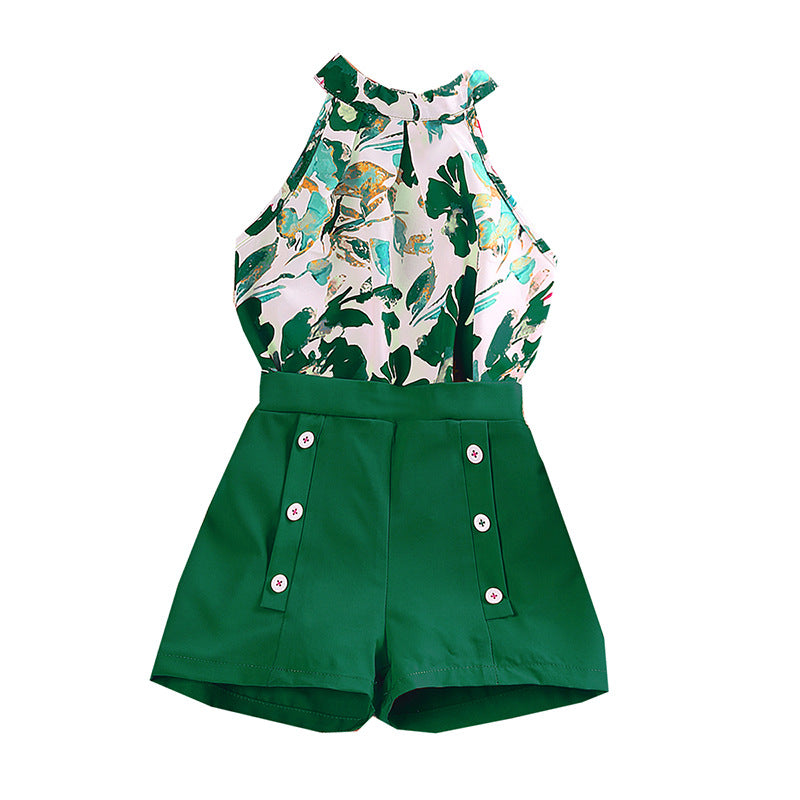Girls Green & White Printed Top With Shorts