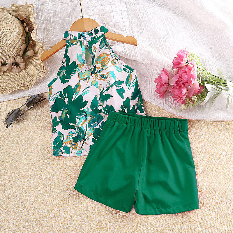 Girls Green & White Printed Top With Shorts