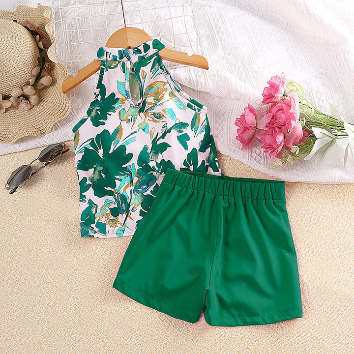 Girls Green & White Printed Top With Shorts