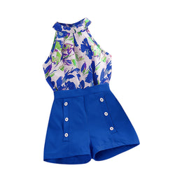 Girls Blue Floral Printed Top With Shorts