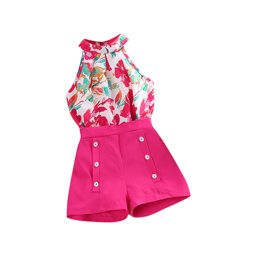 Girls Fuchsia & Green Printed Top with Shorts