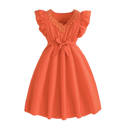 Girls Orange Colour Puff Sleeve Fit & Flare Maxi Dress