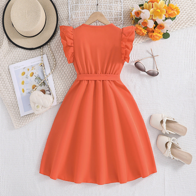 Girls Orange Colour Puff Sleeve Fit & Flare Maxi Dress