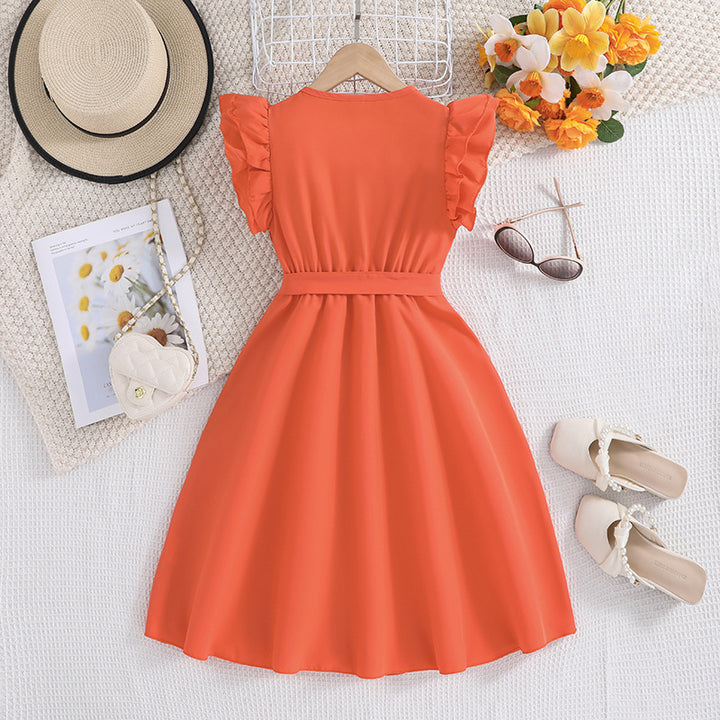 Girls Orange Colour Puff Sleeve Fit & Flare Maxi Dress