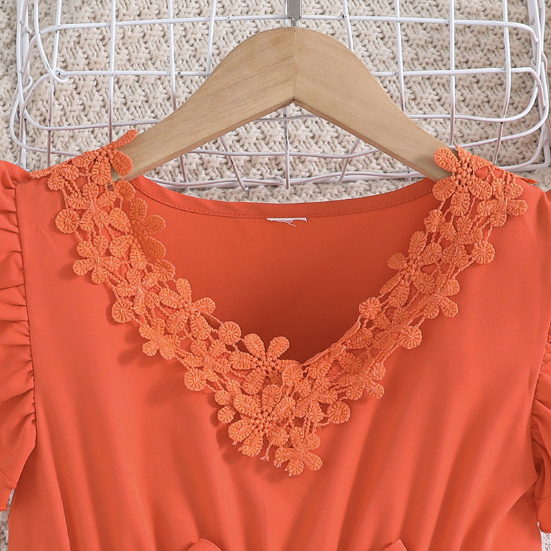 Girls Orange Colour Puff Sleeve Fit & Flare Maxi Dress