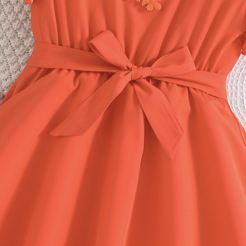 Girls Orange Colour Puff Sleeve Fit & Flare Maxi Dress