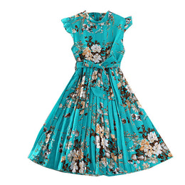 Girls Blue & White Floral Print Tie-Ups Maxi Dress