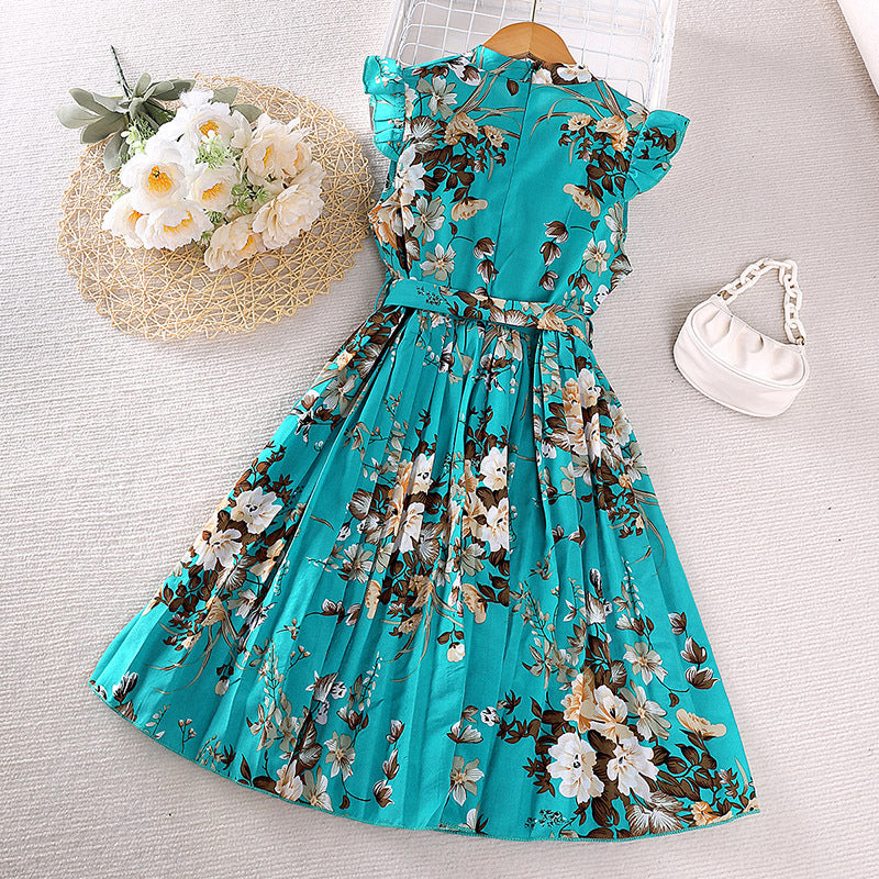 Girls Blue & White Floral Print Tie-Ups Maxi Dress