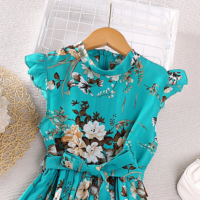 Girls Blue & White Floral Print Tie-Ups Maxi Dress