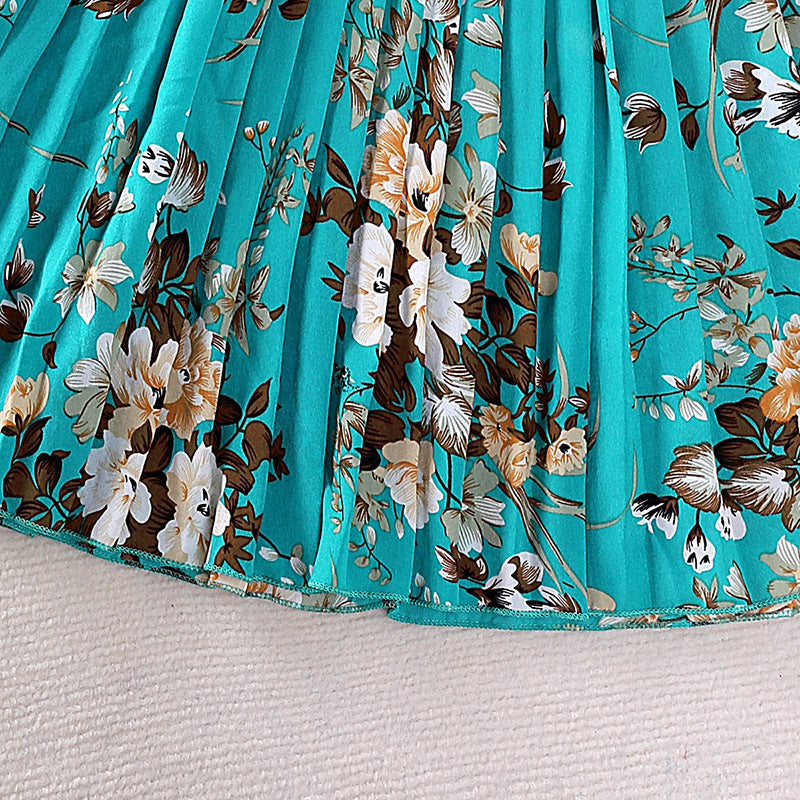 Girls Blue & White Floral Print Tie-Ups Maxi Dress