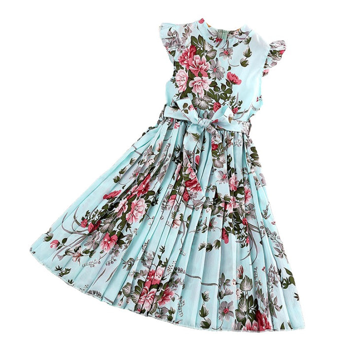 Girls Floral Printed Cap Sleeves Pleated A-Line Midi Dress