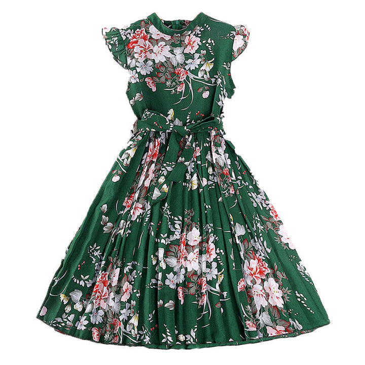 Girl Green Floral Flutter Sleeves Tie-Ups Fit and Flare Maxi Dress