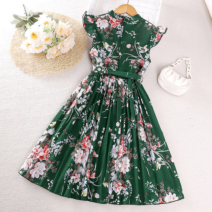 Girl Green Floral Flutter Sleeves Tie-Ups Fit and Flare Maxi Dress