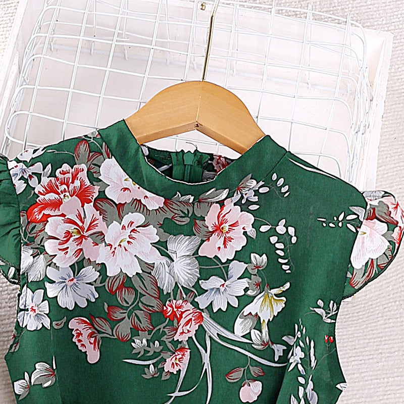 Girl Green Floral Flutter Sleeves Tie-Ups Fit and Flare Maxi Dress