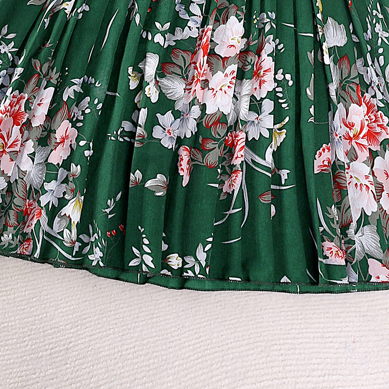 Girl Green Floral Flutter Sleeves Tie-Ups Fit and Flare Maxi Dress
