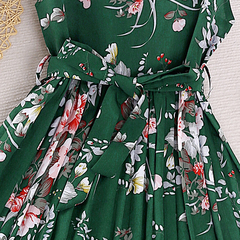 Girl Green Floral Flutter Sleeves Tie-Ups Fit and Flare Maxi Dress