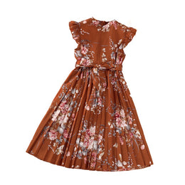 Girls Brown Round Neck Floral Print Fit and Flare Dress