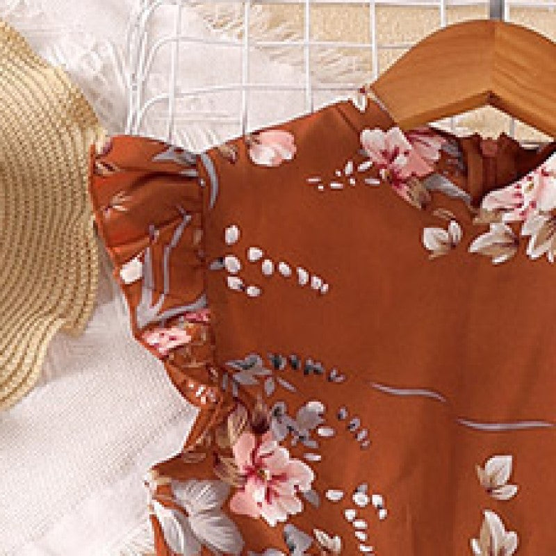 Girls Brown Round Neck Floral Print Fit and Flare Dress