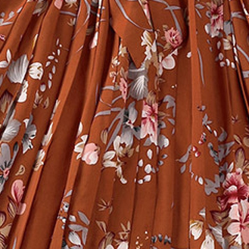 Girls Brown Round Neck Floral Print Fit and Flare Dress