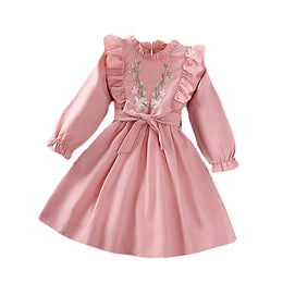 Girls Pink Floral Embroidered Puff Sleeve Ruffled Fit & Flare Dress