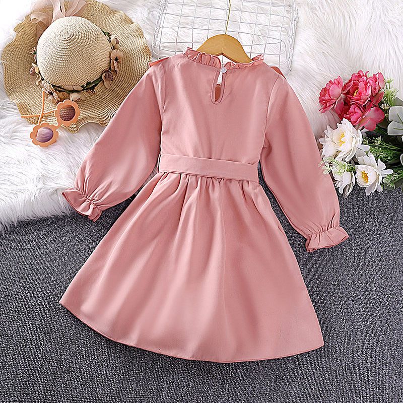 Girls Pink Floral Embroidered Puff Sleeve Ruffled Fit & Flare Dress