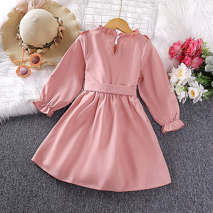 Girls Pink Floral Embroidered Puff Sleeve Ruffled Fit & Flare Dress