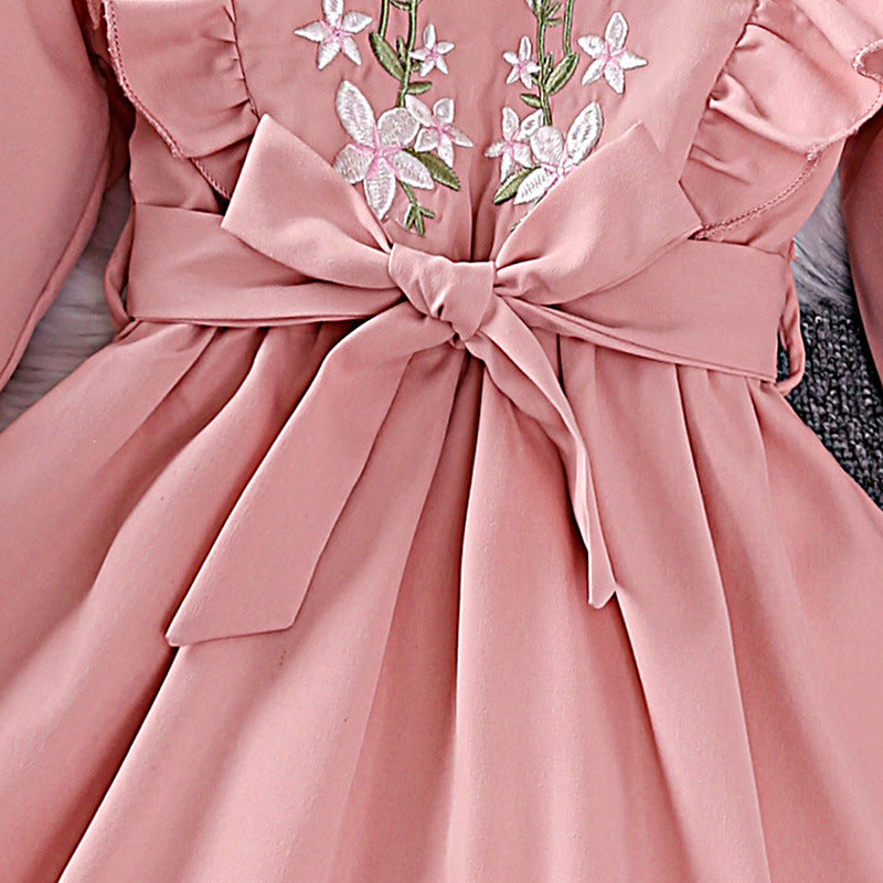 Girls Pink Floral Embroidered Puff Sleeve Ruffled Fit & Flare Dress