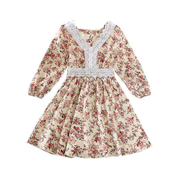 Girls Cream-Coloured Floral Printed Lace Inserts Fit & Flare Dress