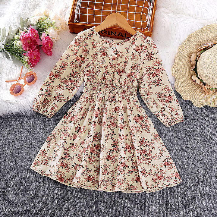 Girls Cream-Coloured Floral Printed Lace Inserts Fit & Flare Dress