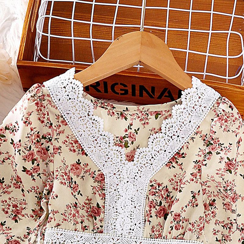 Girls Cream-Coloured Floral Printed Lace Inserts Fit & Flare Dress