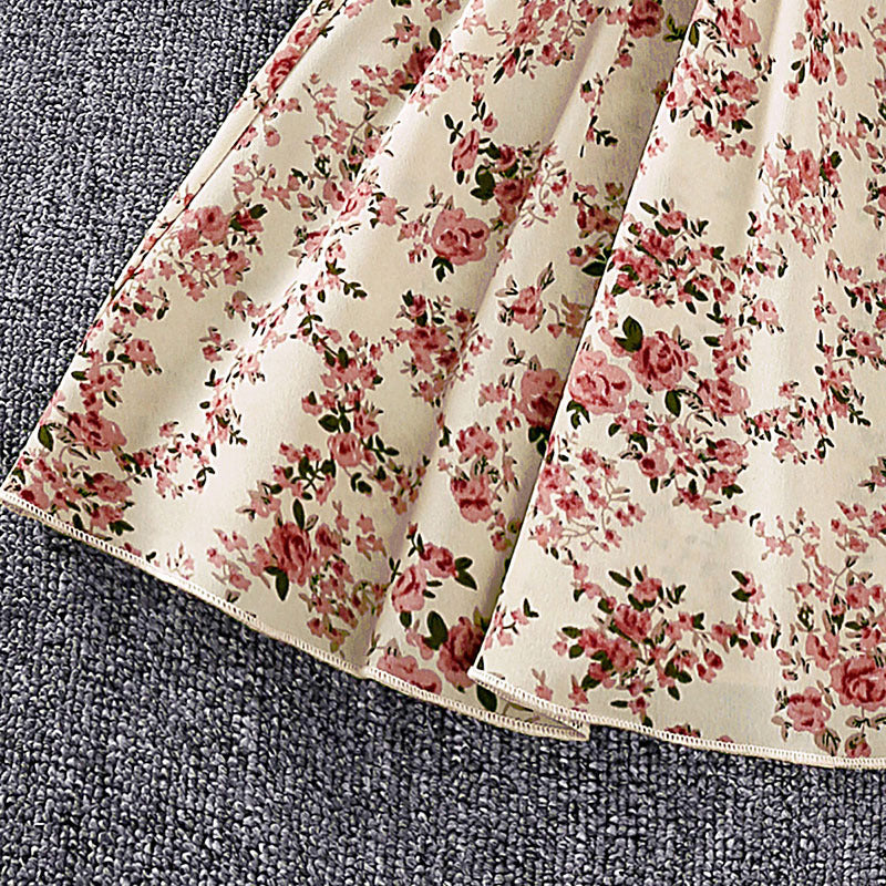 Girls Cream-Coloured Floral Printed Lace Inserts Fit & Flare Dress