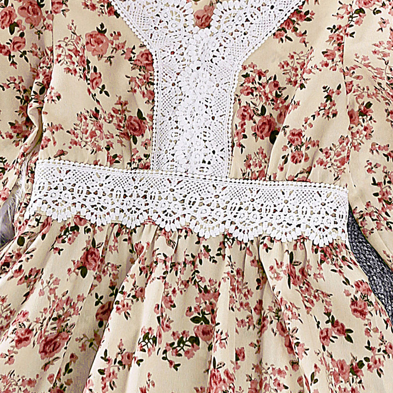 Girls Cream-Coloured Floral Printed Lace Inserts Fit & Flare Dress