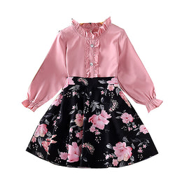 Girls Pink & Black Keyhole Neck Top with Skirt