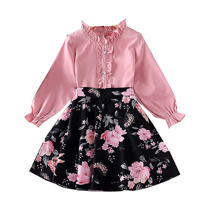 Girls Pink & Black Keyhole Neck Top with Skirt