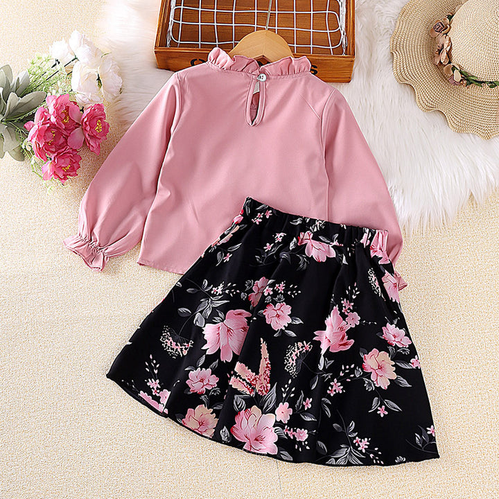 Girls Pink & Black Keyhole Neck Top with Skirt