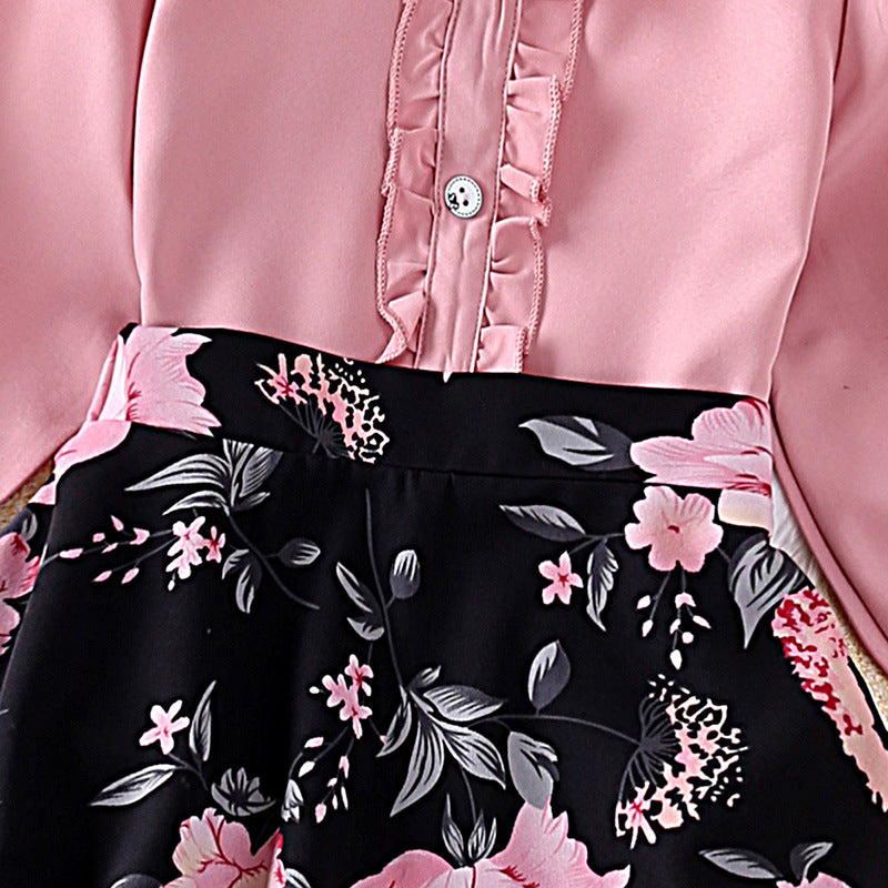 Girls Pink & Black Keyhole Neck Top with Skirt