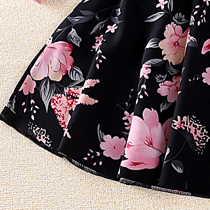 Girls Pink & Black Keyhole Neck Top with Skirt
