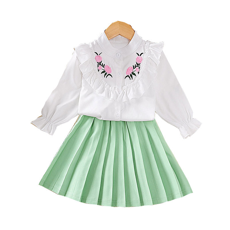 Girls Green & White Band Collar Top with Skirt