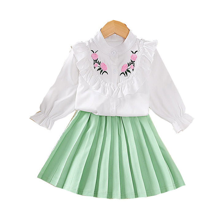 Girls Green & White Band Collar Top with Skirt