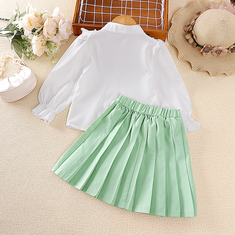 Girls Green & White Band Collar Top with Skirt