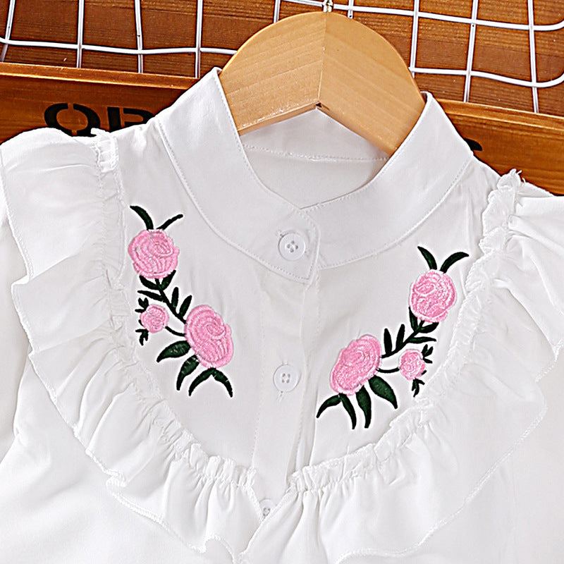 Girls Green & White Band Collar Top with Skirt