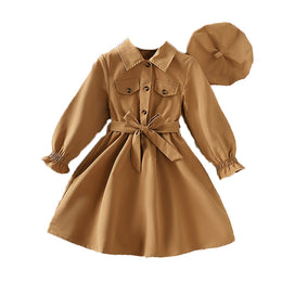 Girls Khaki Puff Sleeves Belted Shirt Midi Dress