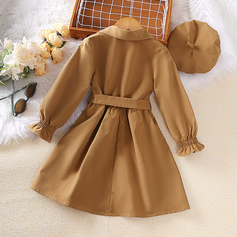 Girls Khaki Puff Sleeves Belted Shirt Midi Dress