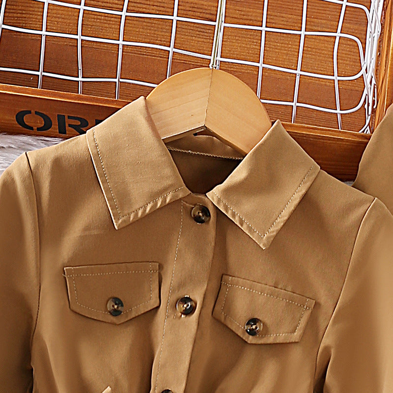Girls Khaki Puff Sleeves Belted Shirt Midi Dress