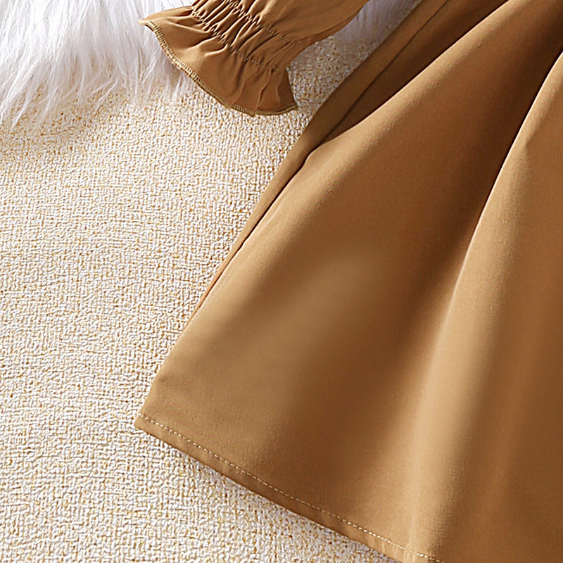 Girls Khaki Puff Sleeves Belted Shirt Midi Dress