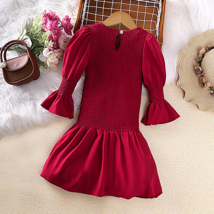 Girls Red Smocked A-Line Midi Dress
