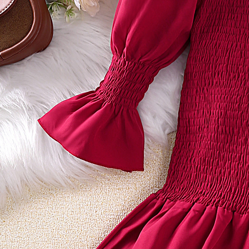 Girls Red Smocked A-Line Midi Dress