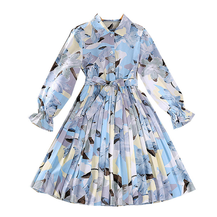 Blue Girls Floral Printed Shirt Collar Bell Sleeves Pleated Shirt Midi Dress